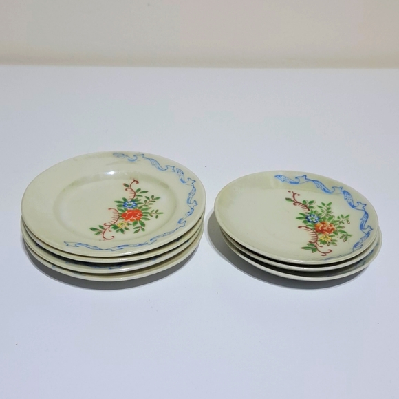 Vintage Child Toy Plates - Doll Sized Plate and Saucer Set of 7 - Rose Floral - Picture 2 of 5